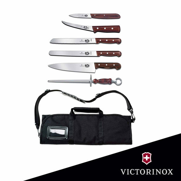 Victorinox 7-Piece Rosewood Handle Cutlery Set with Black Canvas Knife Roll