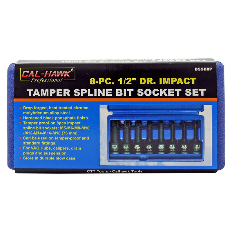8 - pc. 1/2" Dr. Impact Tamper Spline Bit Socket Set - Cal-Hawk BSSB8P