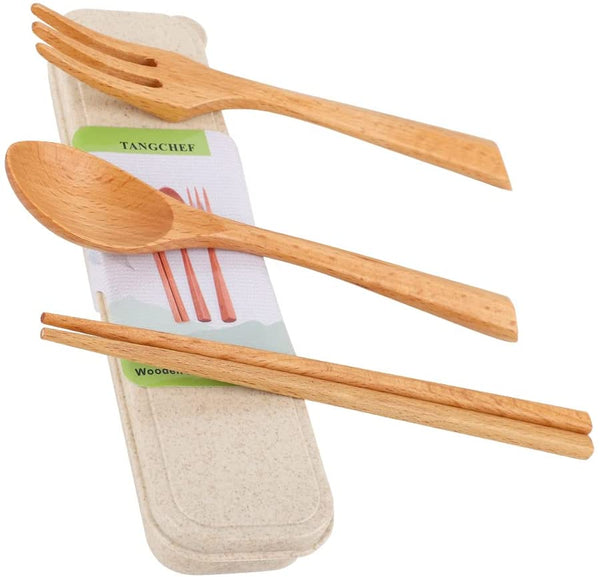 Wooden Tableware Set for Eating Spoon Fork Chopsticks Cutlery Japanese Style Utensils