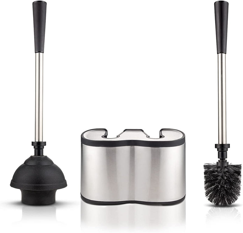 Toilet Brush and Plunger Set - Stainless Steel Plunger and Toilet Brush Combo with Freestanding Canister