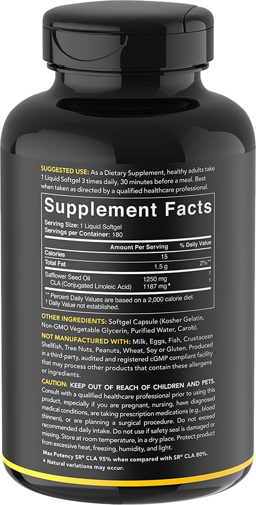 Max Potency CLA 1250 (180 Softgels) with 95% Active Conjugated Linoleic Acid