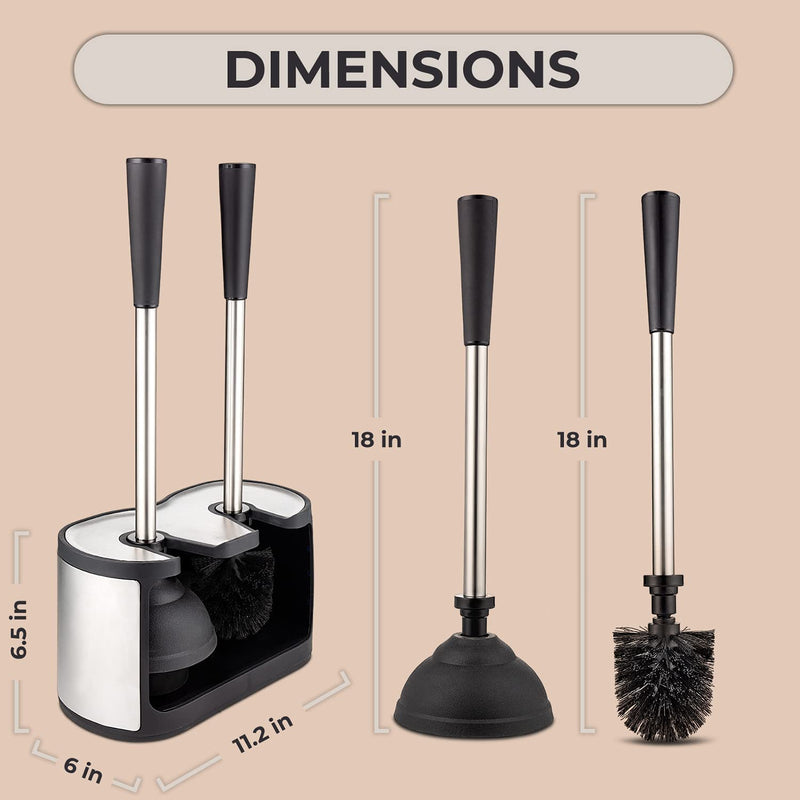 Toilet Brush and Plunger Set - Stainless Steel Plunger and Toilet Brush Combo with Freestanding Canister