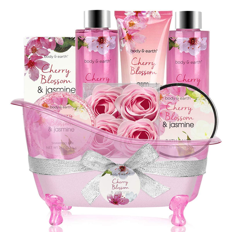 Gift Basket for Women - Spa Gift Baskets Body&Earth 8 Pcs Women Bath Sets with Cherry Blossom & Jasmine Scent Bubble Bath