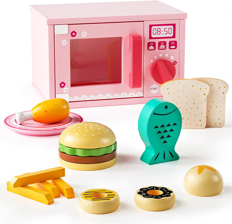 Kitchen Play Set, 14 PCS Microwave Playset Cooking Toys, Pretend Play Wooden Microwave