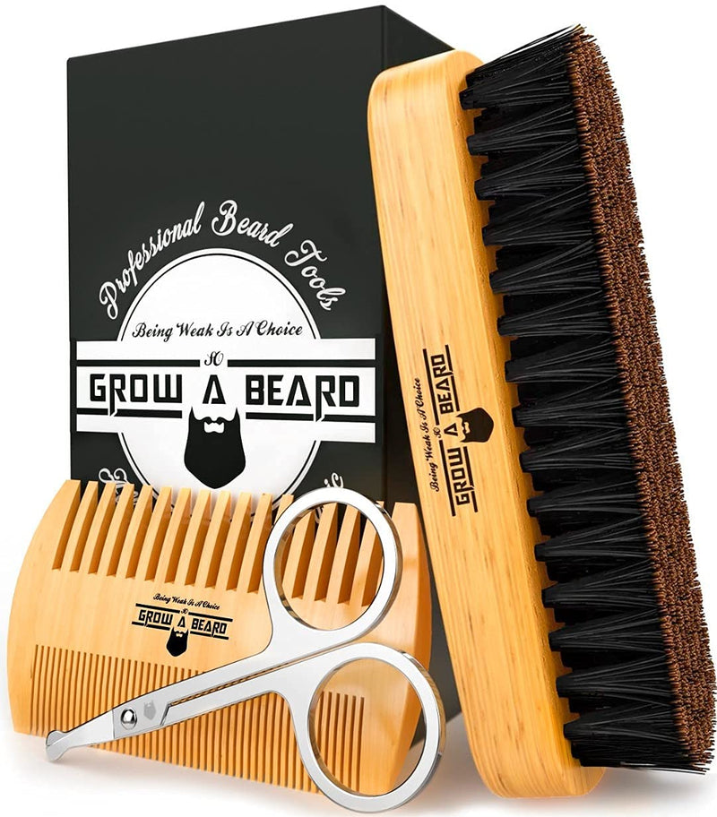 Beard Brush for Men & Beard Comb Set w/ Mustache Scissors Grooming Kit