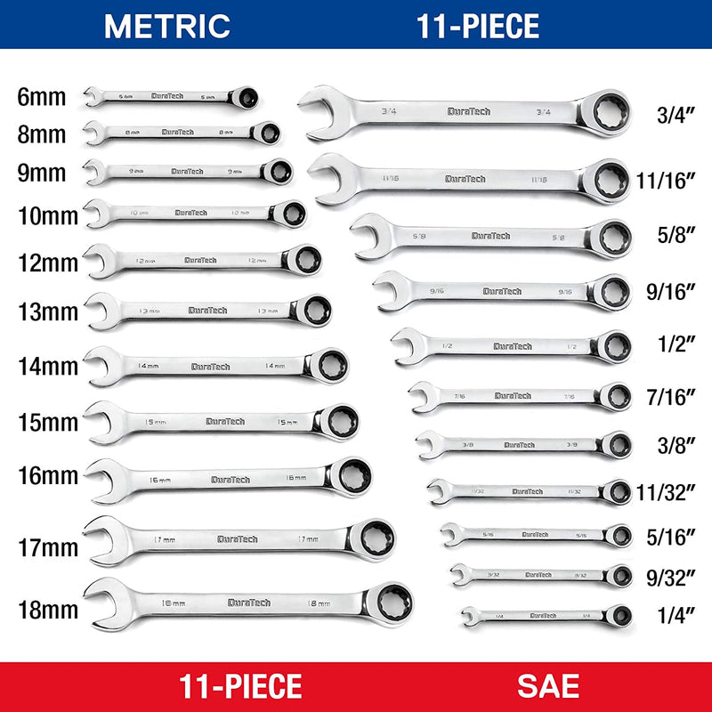 Ratcheting Combination Wrench Set, SAE & Metric, 22-piece, 1/4″ to 3/4″ & 6-18mm