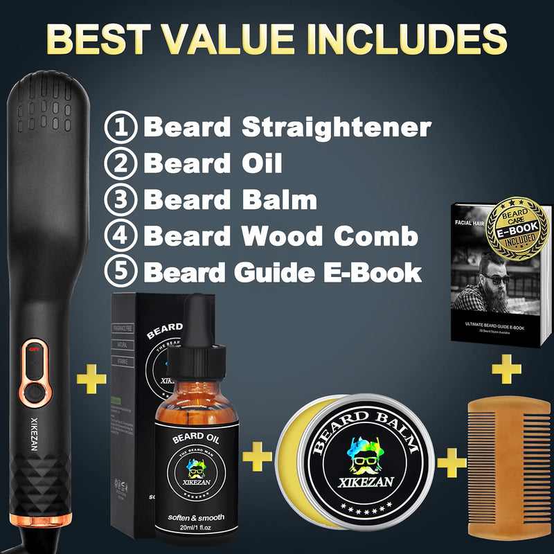 Beard Comb & Beard E-Book,Patented Design 3 in 1 Hair Straightener Brush Beard Straightening Comb