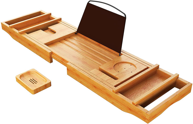 Luxury Bamboo Bathtub Caddy Tray - Expandable Bath Table Over Tub