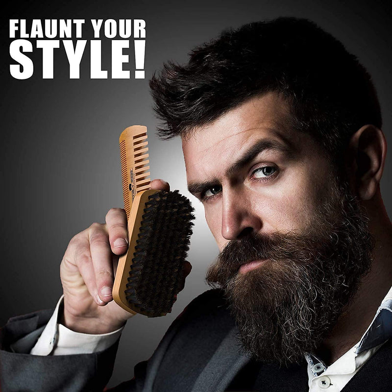Beard Brush for Men & Beard Comb Set w/ Mustache Scissors Grooming Kit
