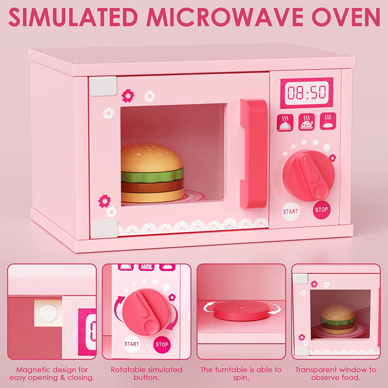 Kitchen Play Set, 14 PCS Microwave Playset Cooking Toys, Pretend Play Wooden Microwave