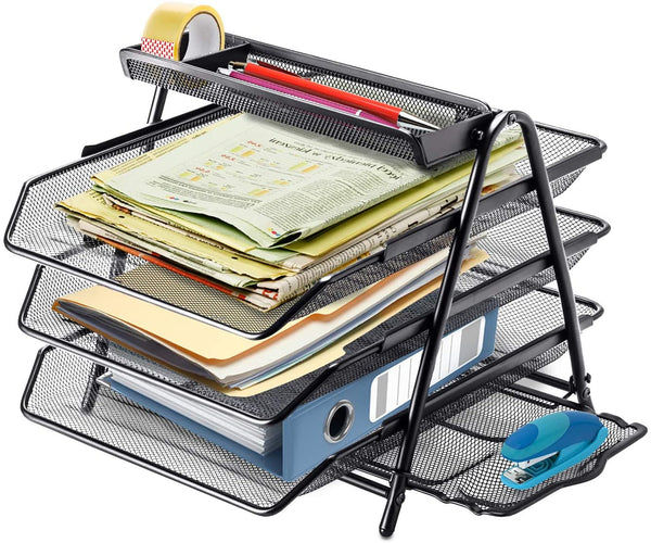 3-Tier Mesh Desktop Organizer with Sliding Paper Trays for Desk Accessories
