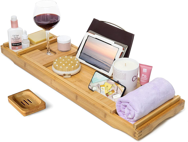 Luxury Bamboo Bathtub Caddy Tray - Expandable Bath Table Over Tub