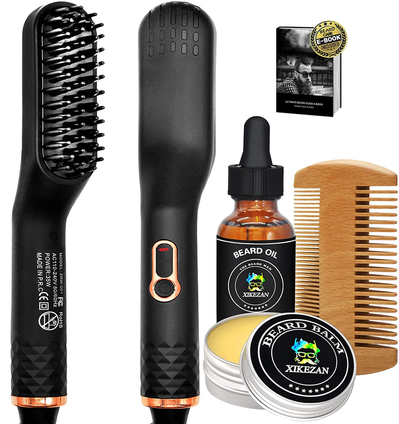 Beard Comb & Beard E-Book,Patented Design 3 in 1 Hair Straightener Brush Beard Straightening Comb