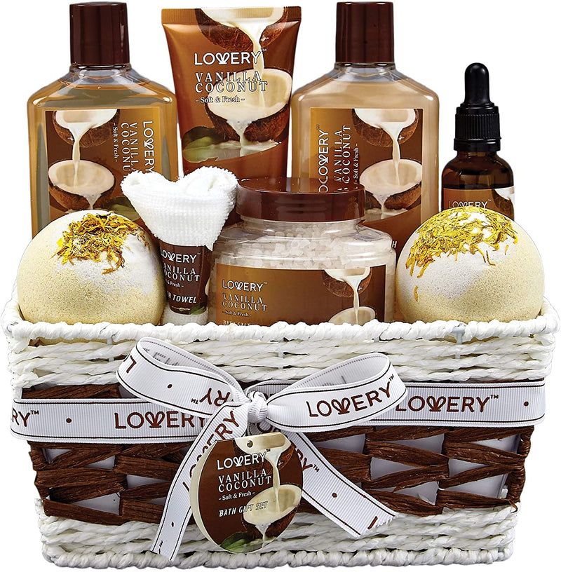 Bath and Body Gift Basket For Women and Men – 9 Piece Set of Vanilla Coconut Home Spa Set