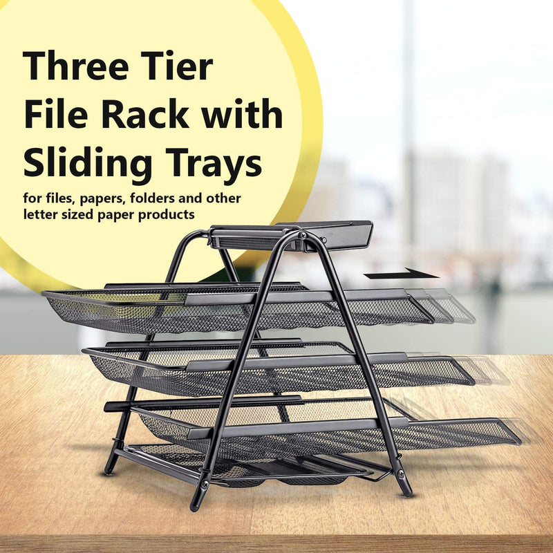 3-Tier Mesh Desktop Organizer with Sliding Paper Trays for Desk Accessories