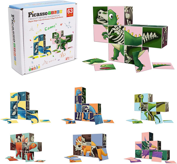Magnetic Puzzle Cube 3D Magic Dinosaur X-Ray Blocks 63 Piece Mix & Match Cubes