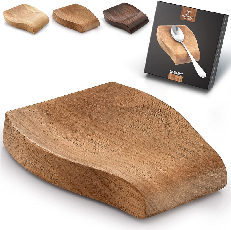Acacia Wood Spoon Rest For Kitchen - Smooth Wooden Spoon Holder For Stovetop With Non Slip Silicone Feet