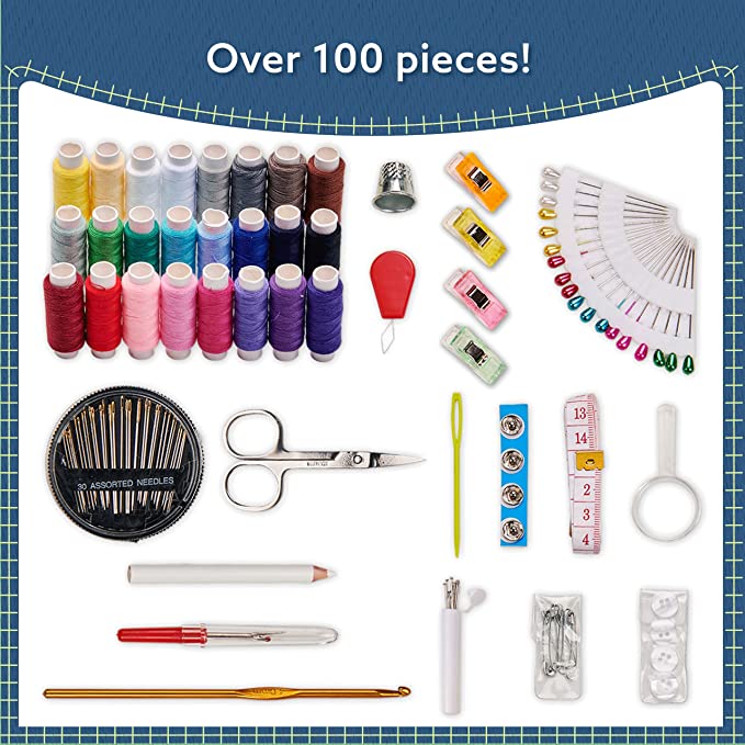 Sewing Kit for Adults and Kids - Small Beginner Set w/Multicolor Thread, Needles, Scissors, Thimble & Clips