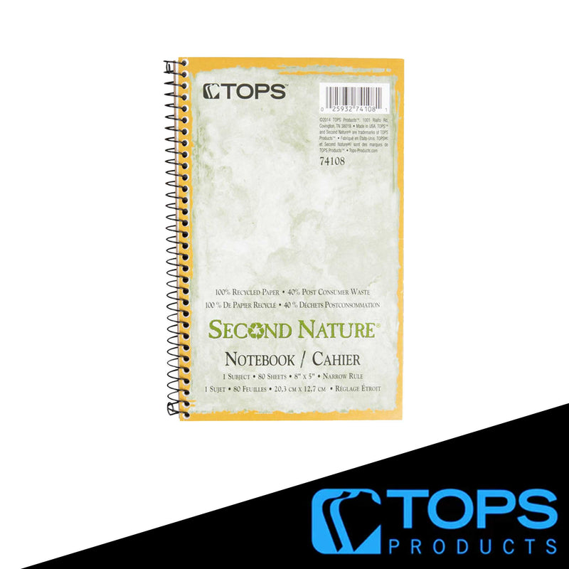 TOPS 74108 Second Nature 5" x 8" Narrow Ruled White Perforated Wirebound Notebook with Green Cover - 48/Case