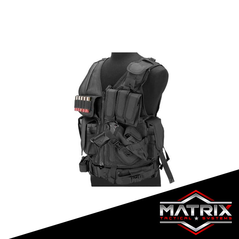 Matrix Special Force Cross Draw Tactical Vest w/ Built In Holster & Mag Pouches (Color: Black)