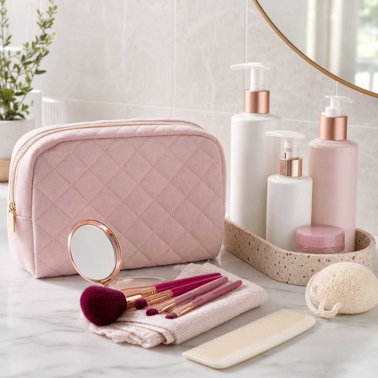 Beauty and personal care accessories arranged for daily routines