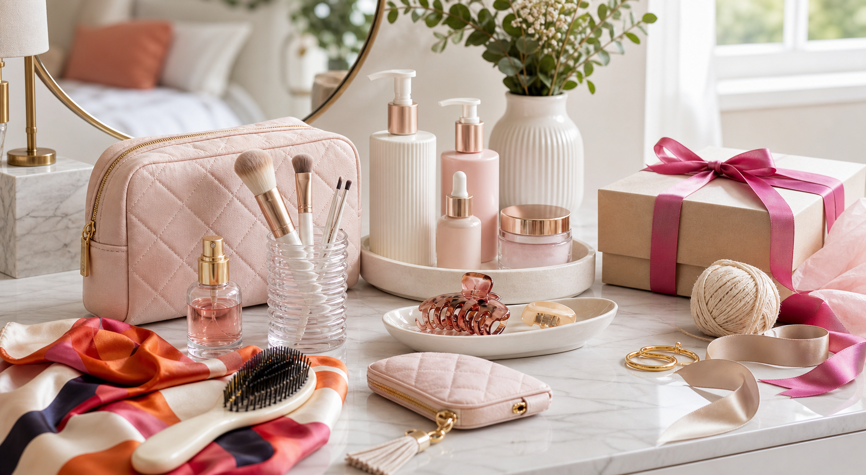 Beauty personal care fashion accessory and giftable products in a bright lifestyle scene