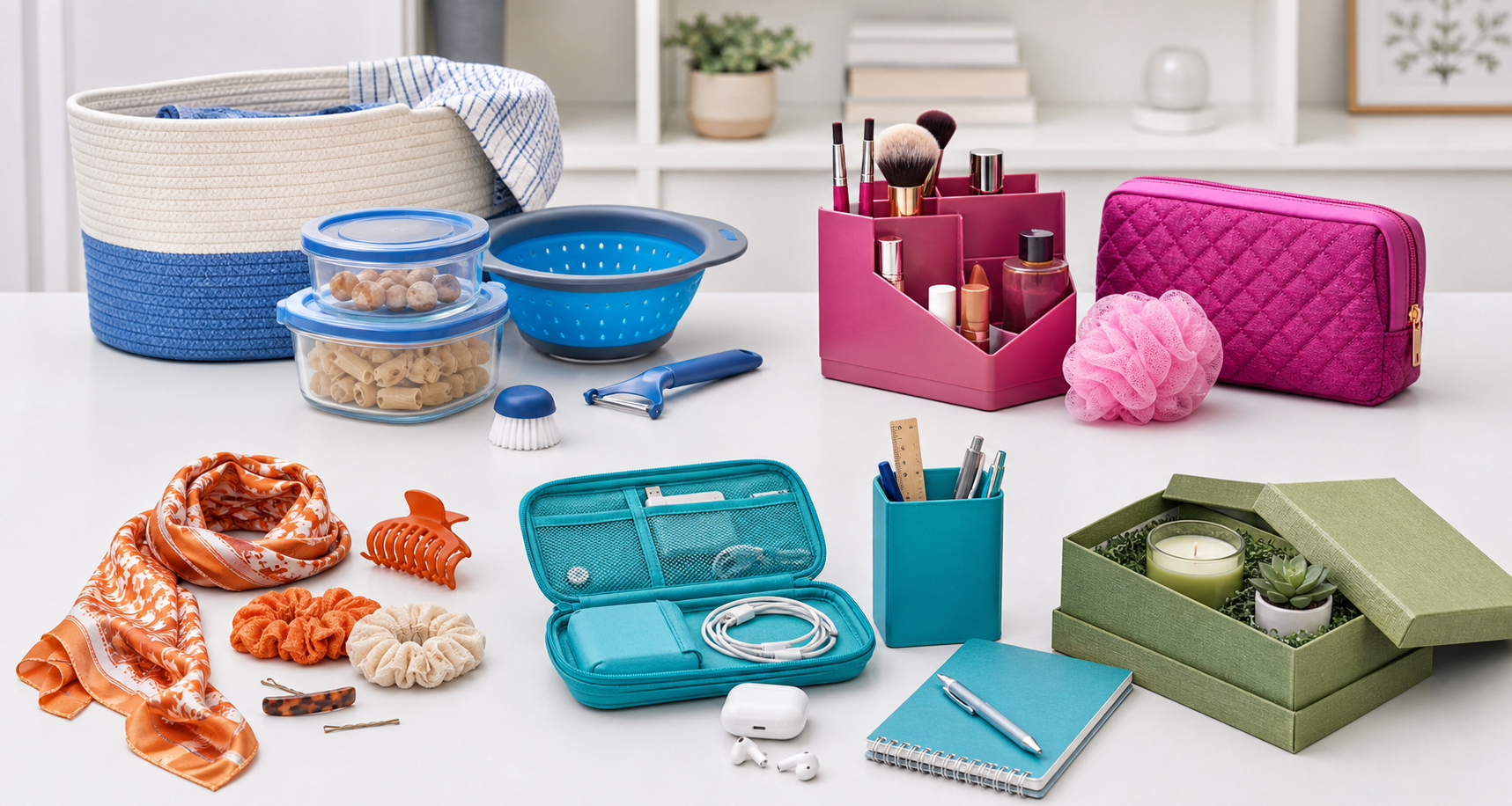Everyday lifestyle products arranged in a clean modern shopping scene