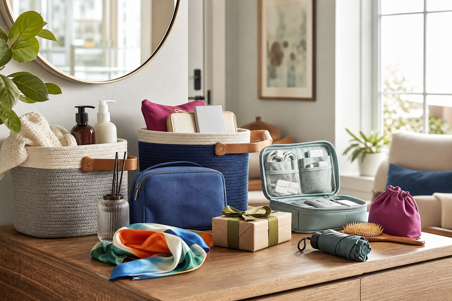 Bright lifestyle arrangement of home, beauty, personal care, and everyday accessories